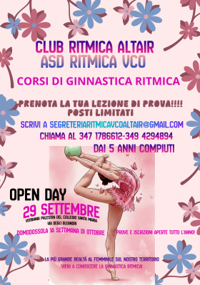 OPEN DAY VERBANIA 29 settembre 2026 OPEN DAY DOMODOSSOLA  VENERDI 2 OTTOBRE 2026 - Ritmica VCO - Club Altair